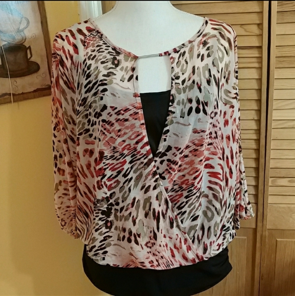 JENNIFER LOPEZ Animal Print Faux Wrap Blouse M